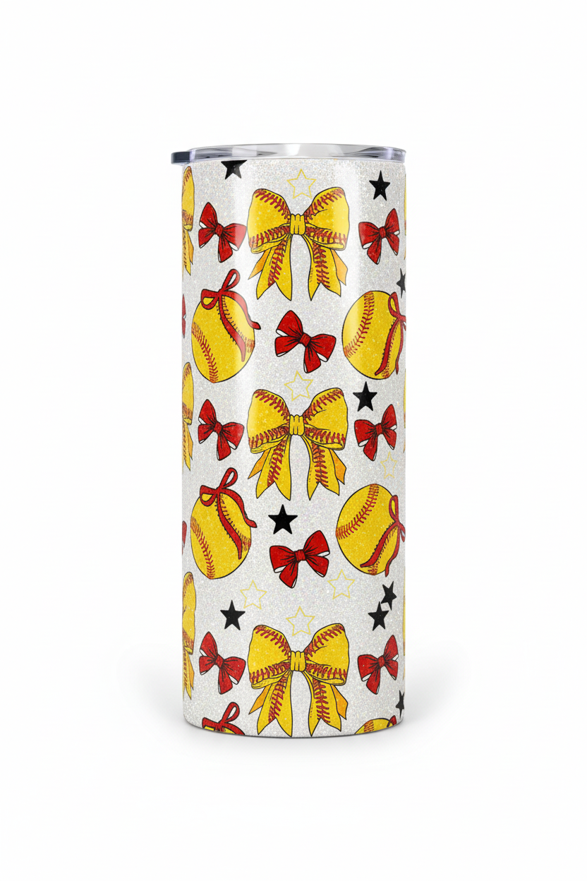 20 oz skinny tumbler with softball bows design