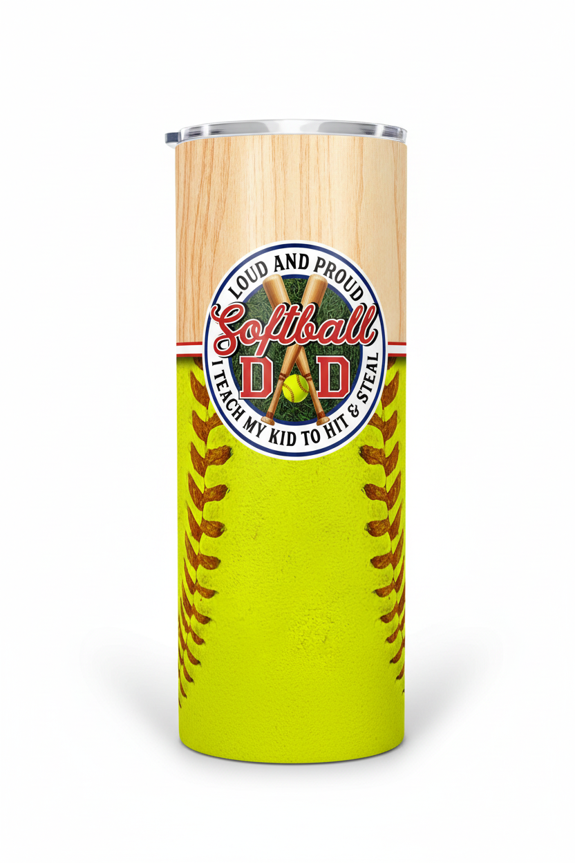 20 oz skinny tumbler with softball dad design