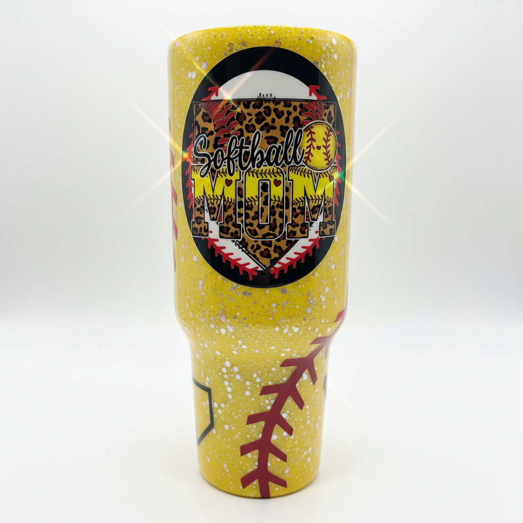 YELLOW Softball Mom 40 oz Glitter Epoxy Tumbler