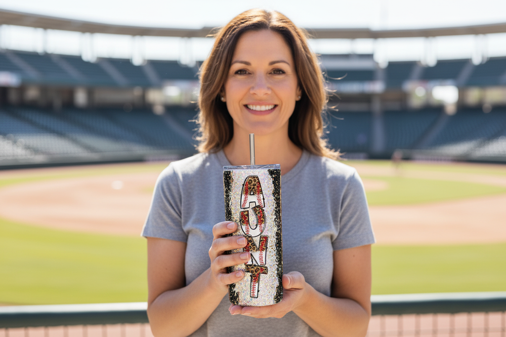 Aunt holding skinny tumbler