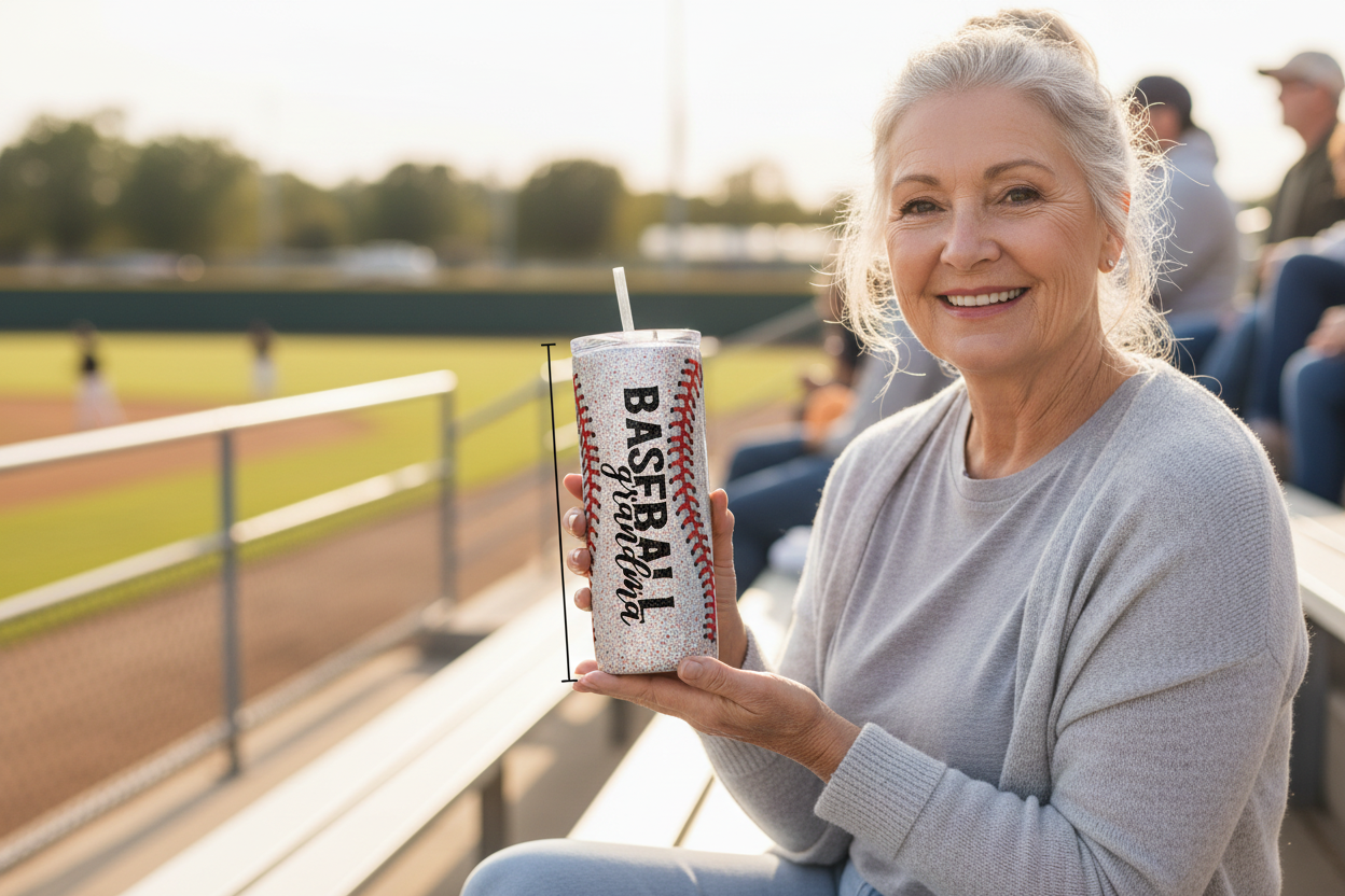 Grandma holding baseball tumbler