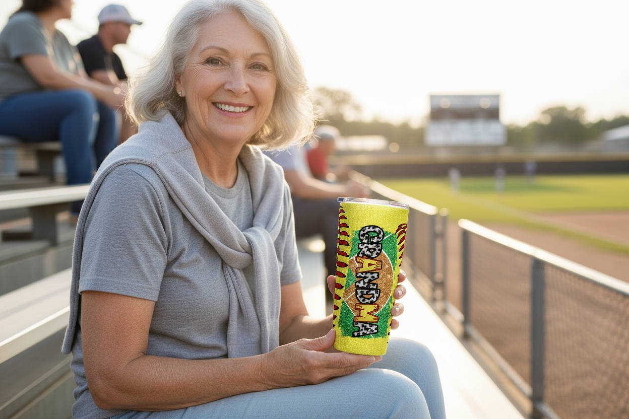 Grandma holding softball tumbler