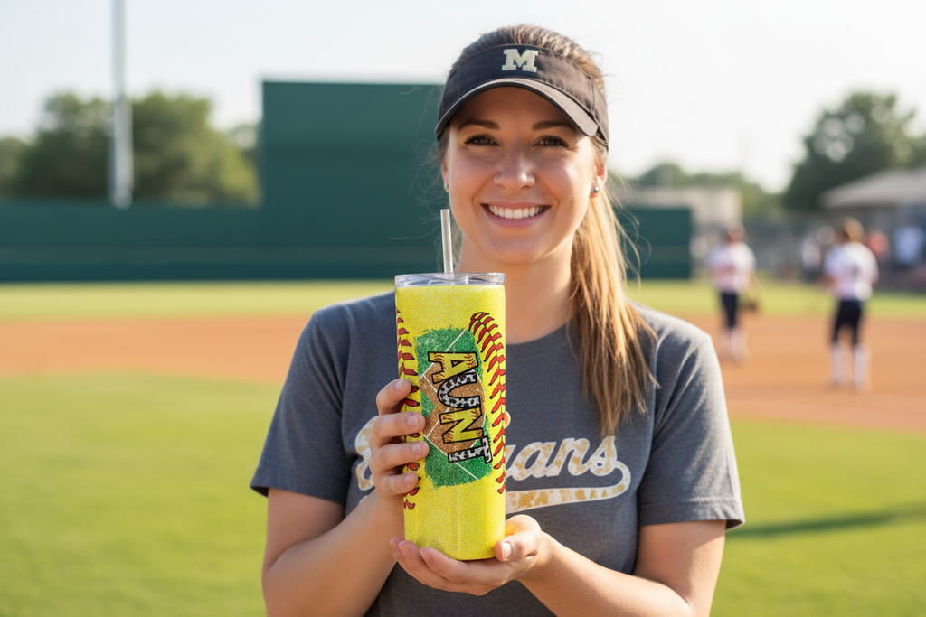 Person holding AUNT SOFTBALL skinny tumbler