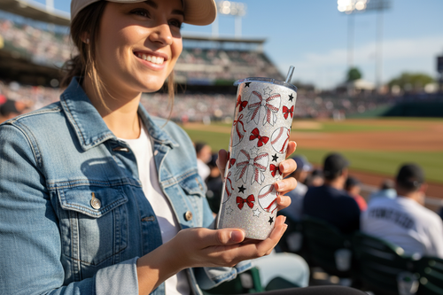 Person holding baseball bows tumbler