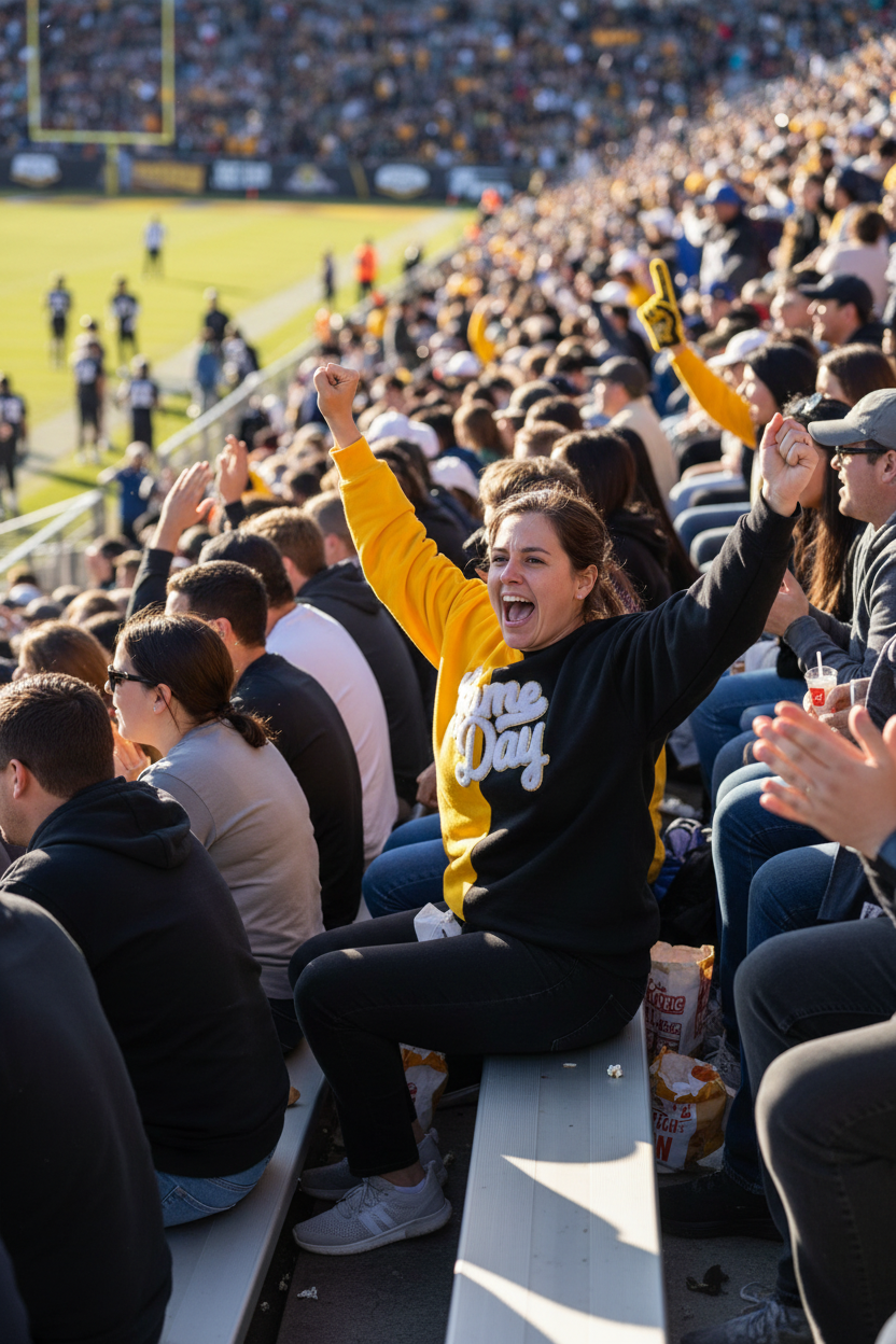 Person wearing sweatshirt in stadium stands